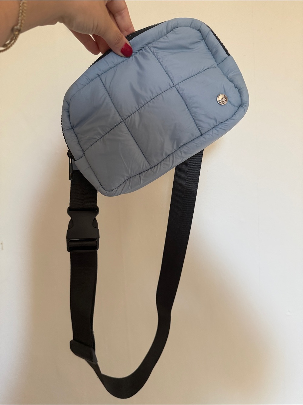 Padded Light Blue Quilted Crossbody Bag with Adjustable Black Strap